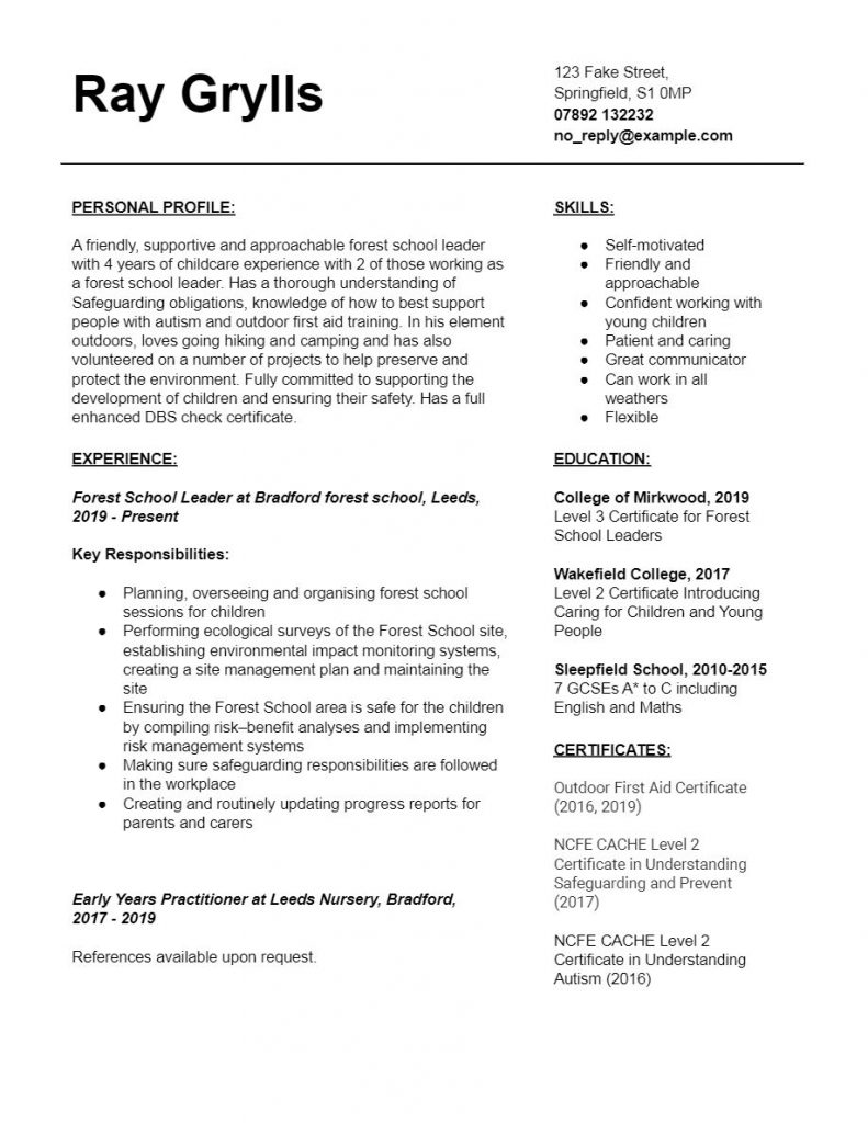 Forest School Leader CV Template