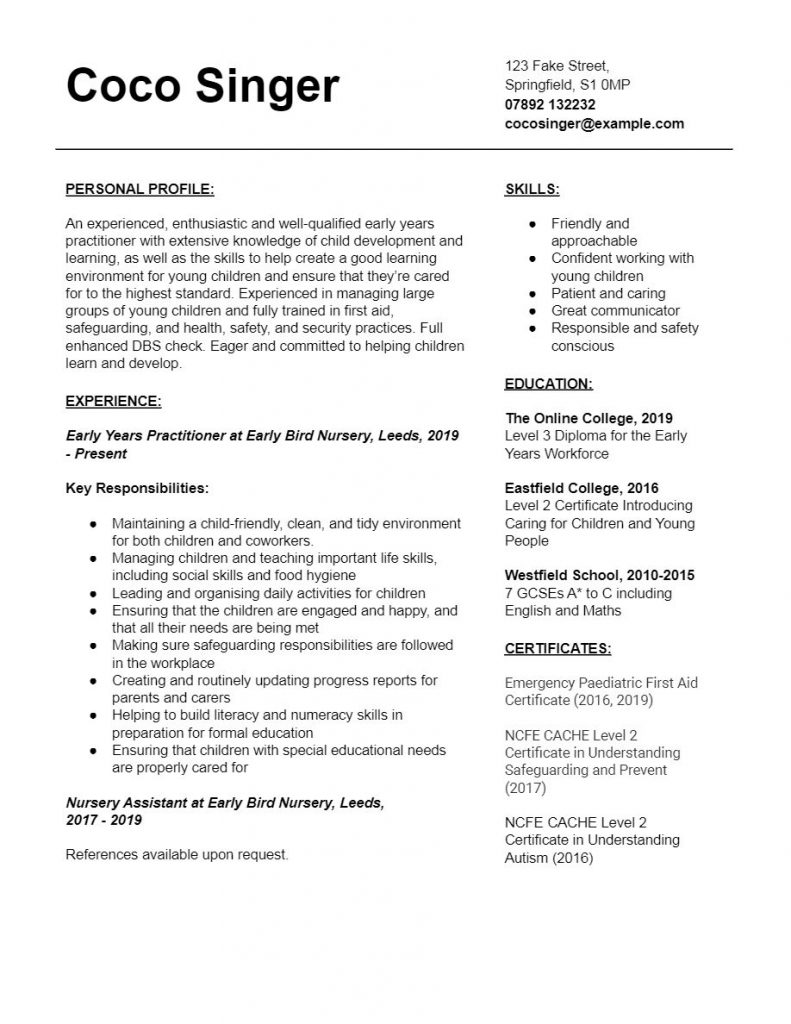 Early Years Practitioner CV