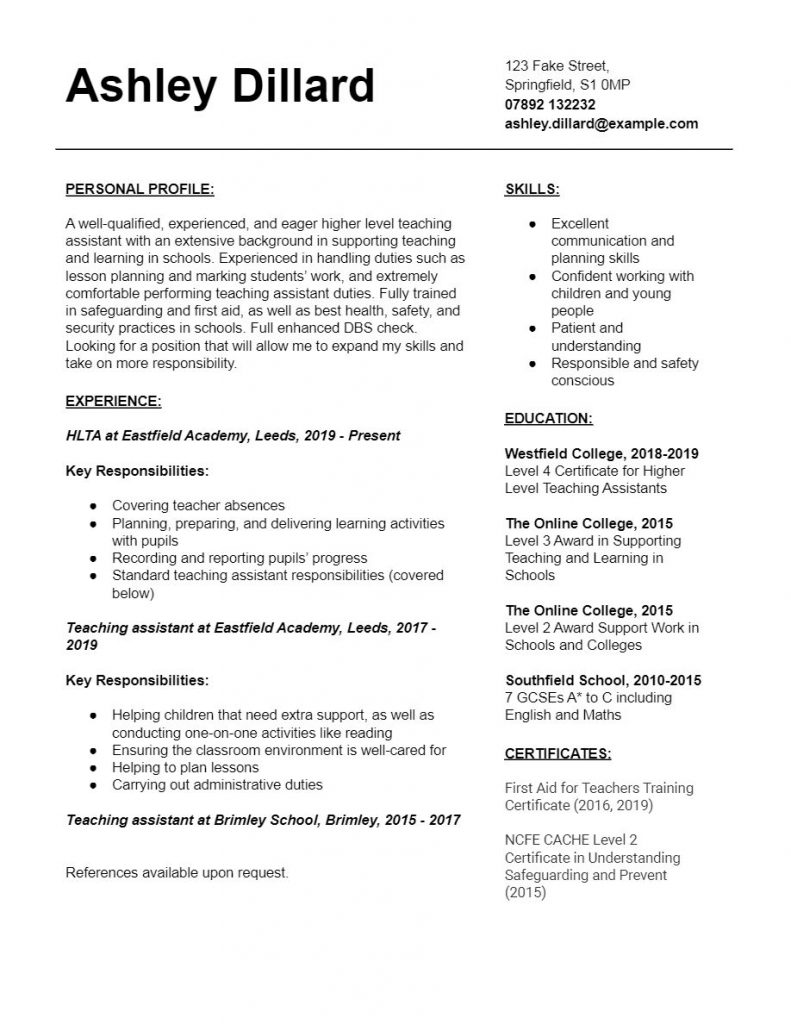 Higher Level Teaching Assistant CV