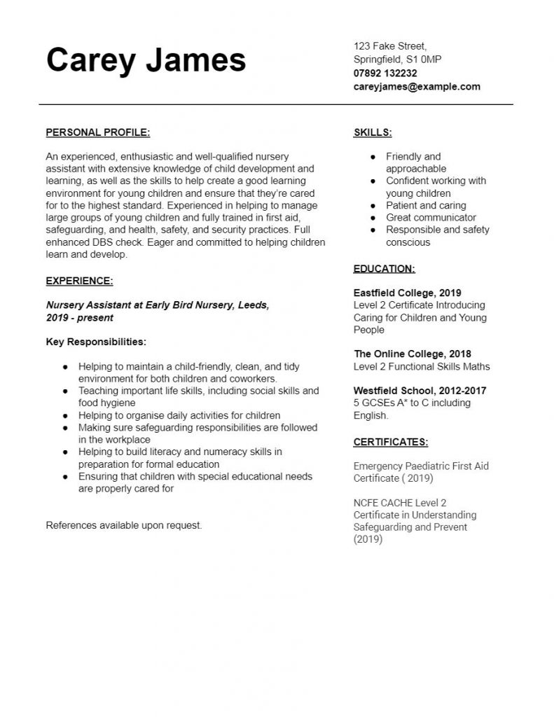 Nursery Assistant CV