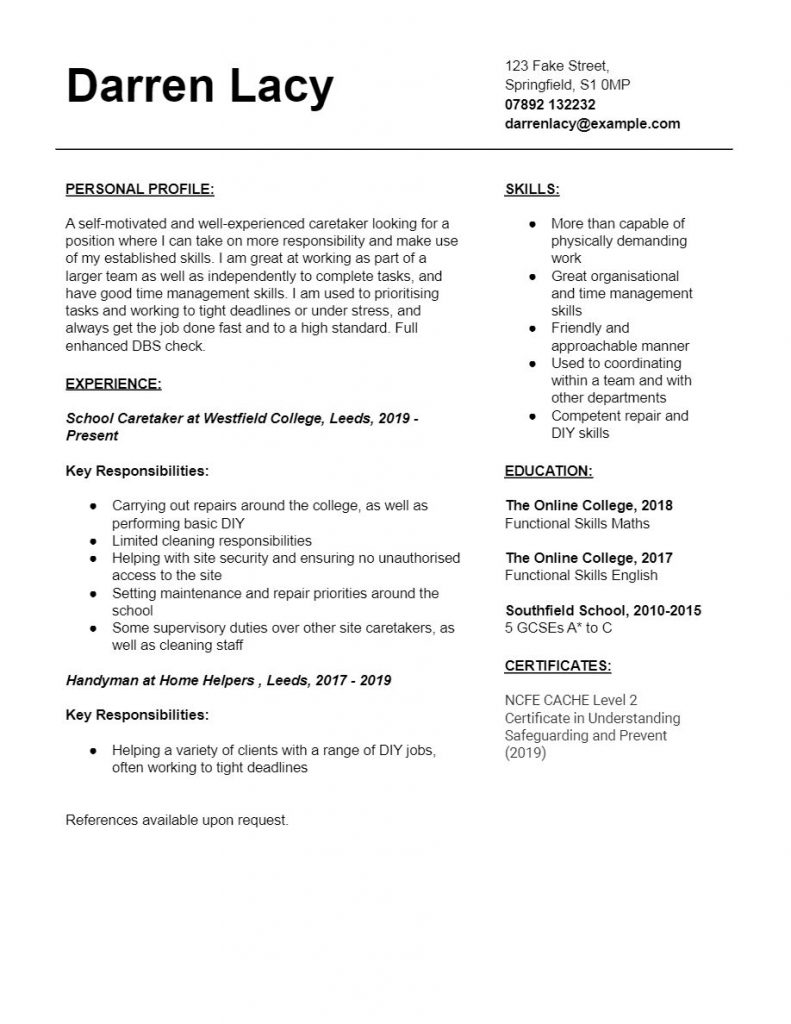 School Caretaker CV