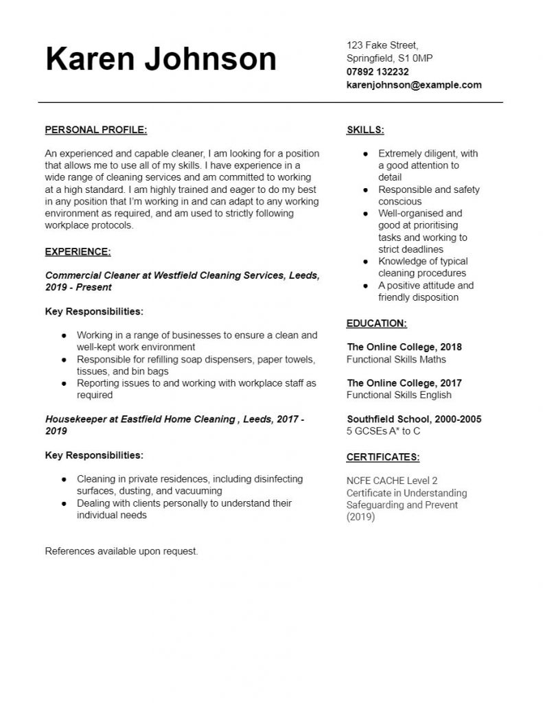 School Cleaner CV