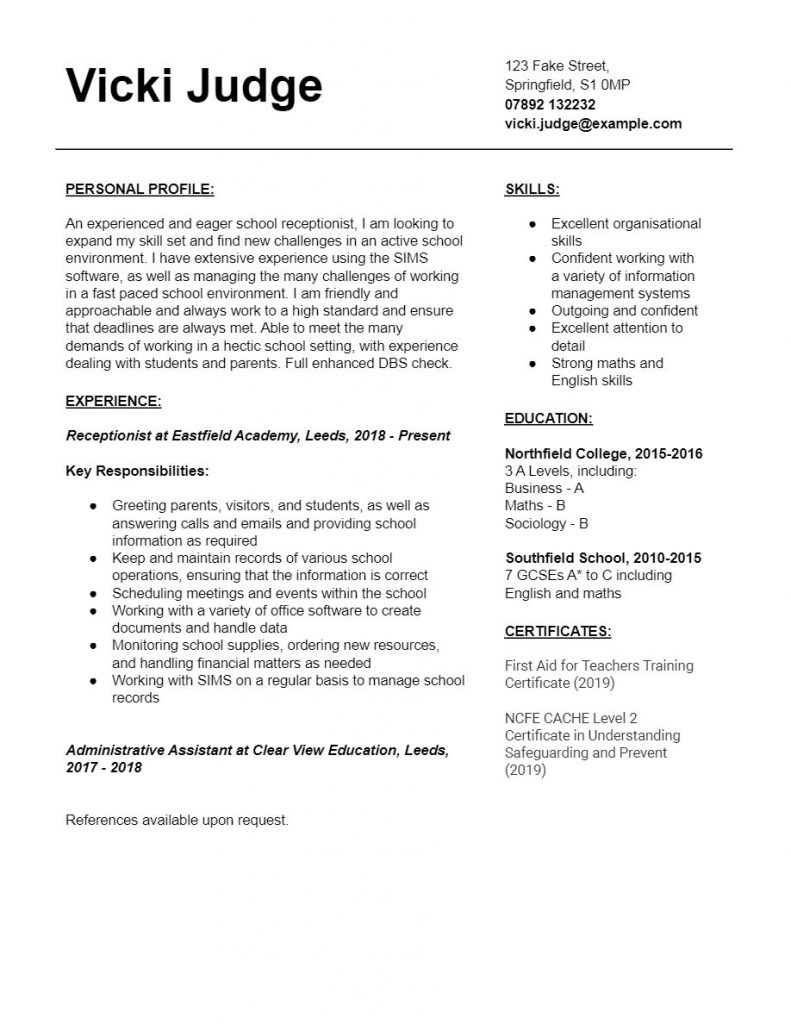 School Receptionist CV