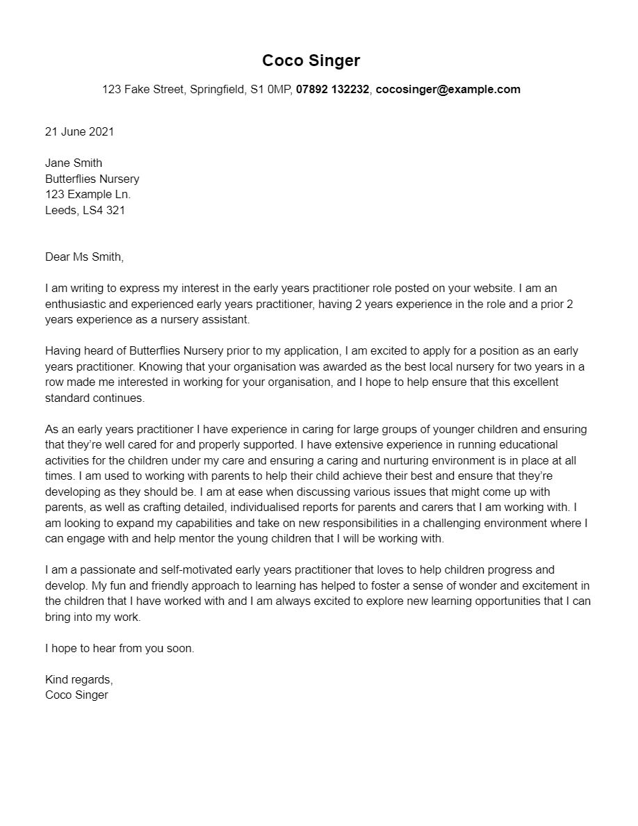 Early Years Practitioner Cover Letter – Think Teaching