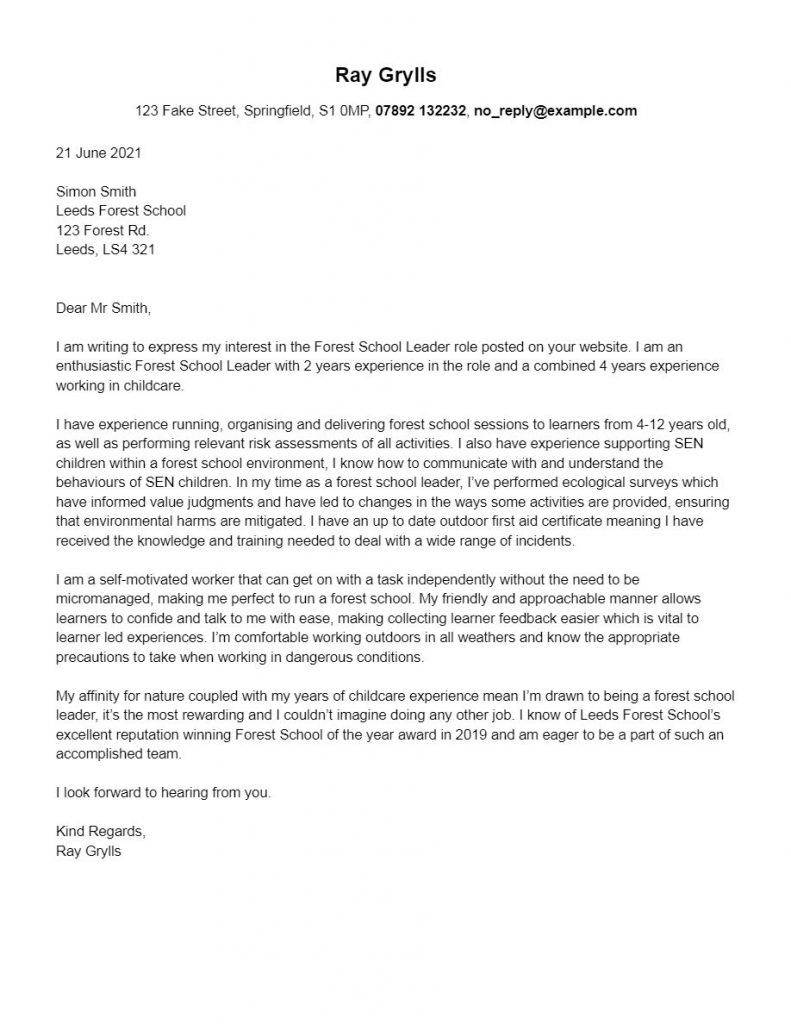 Forest school leader cover letter