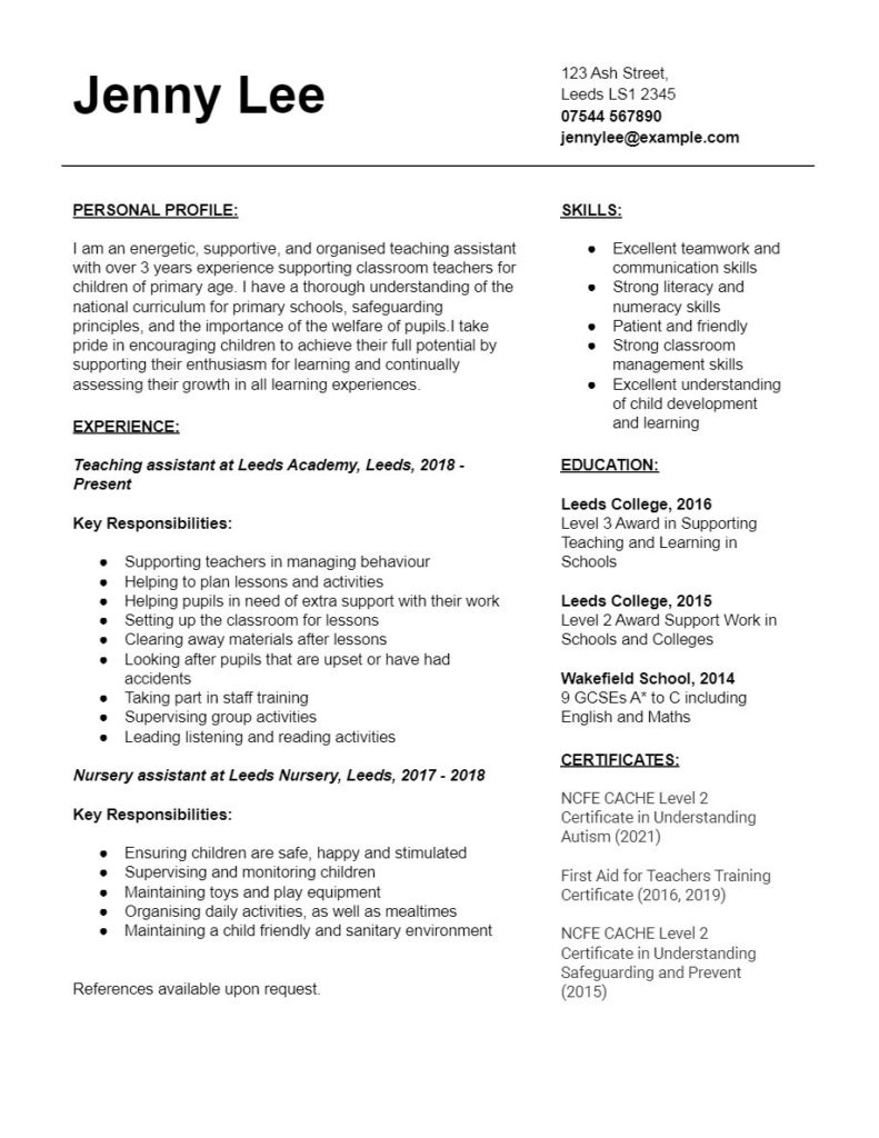 cv personal statement for teaching assistant